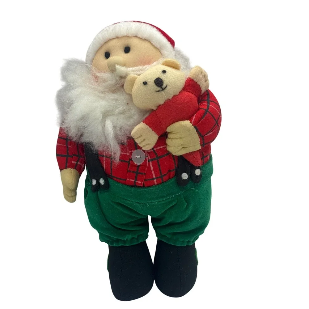 Vintage Santa Claus Plush with Teddy Bear Red Plaid Green Pants 10